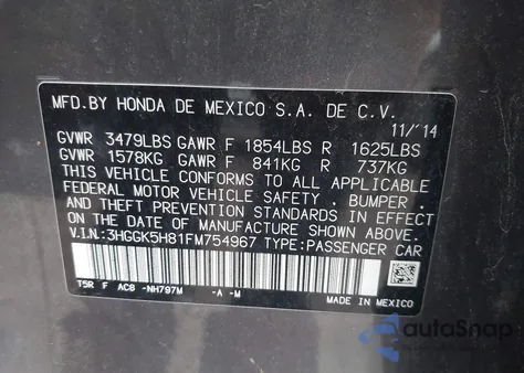 2015 Honda Fit Ex/Ex-L z USA, uszkodzony, nr VIN 3HGGK5H81FM754967